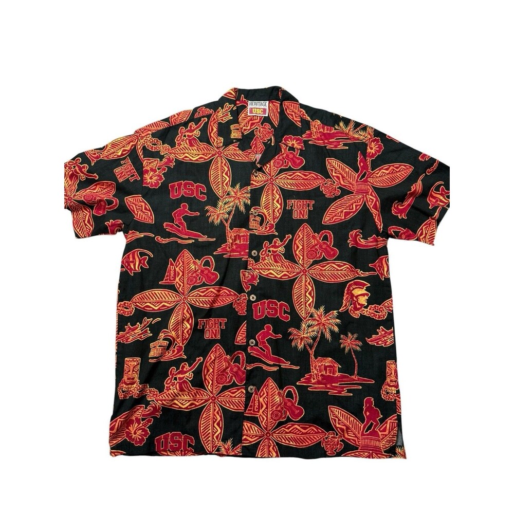 Heritage USC Trojans Black Luau Hawaiian Shirt 2XL Made in USA Fight On Aloha
